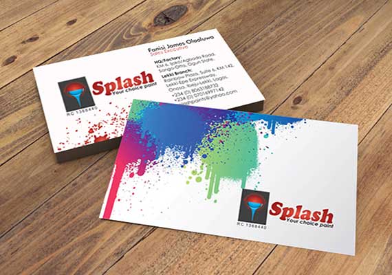 Business Card Design + Print for Splash Paints with a round edge cut and glossy lamination finishing.